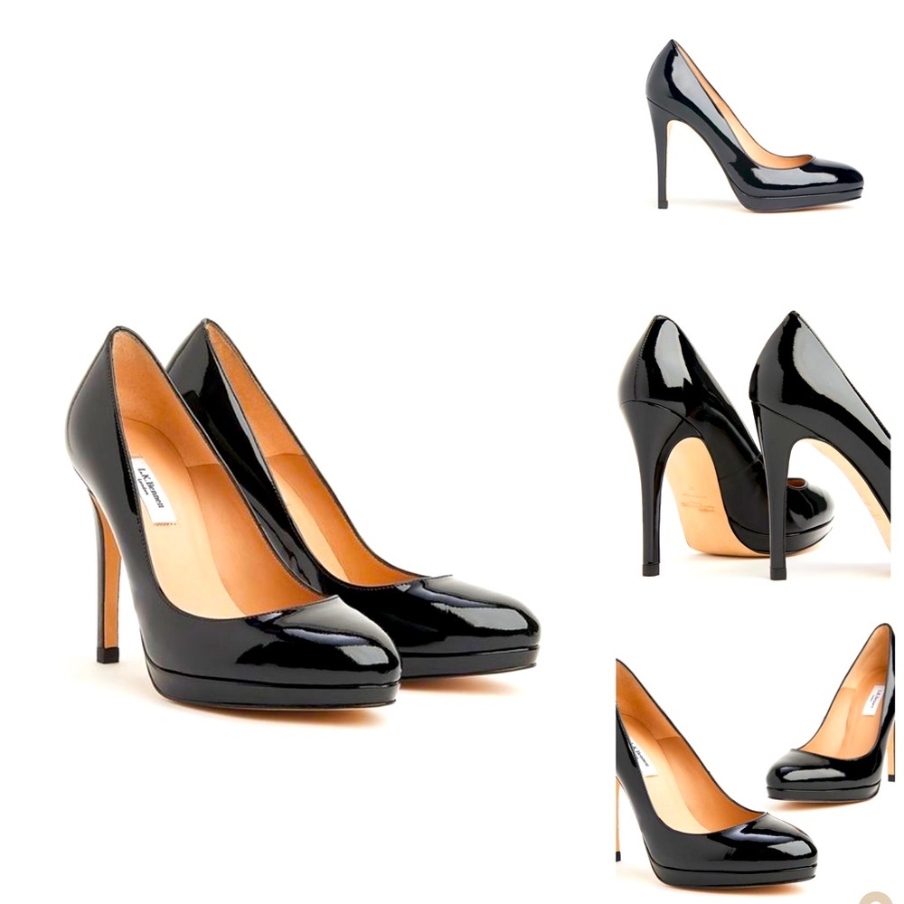 LK BENNETT SLEDGE BLACK PATENT PLATFORM COURTS